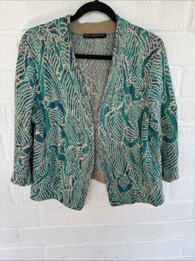 Peruvian Connection Knit Teal and Cream Patterned Open-Front Cardigan sz M